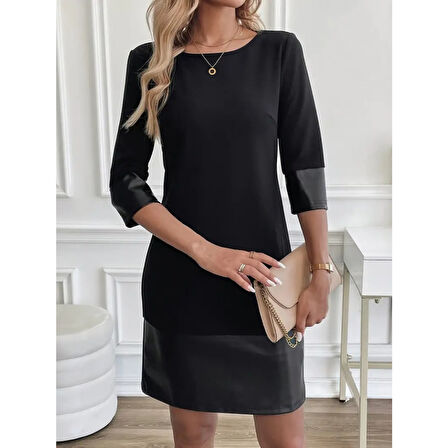 Lucky Life Kadın Uzun Kollu Bisiklet Yaka Deri Detaylı Ithal Krep Elbise