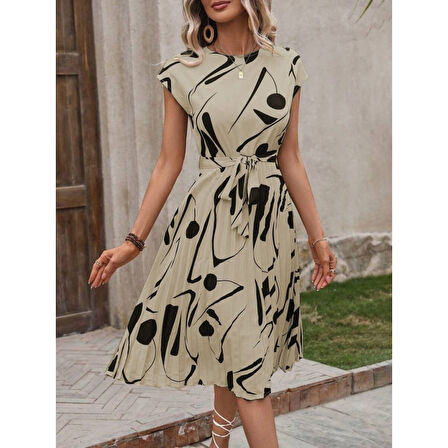 Lucky Life Kadın Kısa Yarasa Kollu Yuvarlak Yaka Beli Büzgülü Süprem Elbise