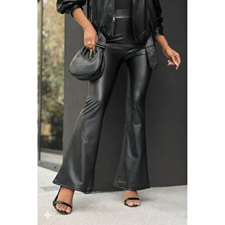 Lucky Life Kadın  Yüksek Bel İspanyol Paçalı Deri Pantolon