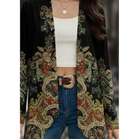 Lucky Life Kadın Uzun Kollu önü Açık Desenli şardonlu Dalgıç Ceket