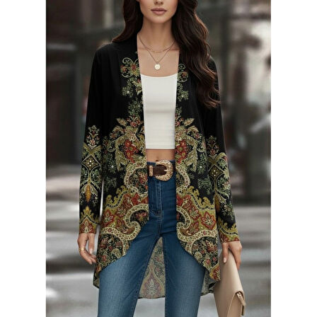 Lucky Life Kadın Uzun Kollu önü Açık Desenli şardonlu Dalgıç Ceket