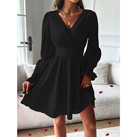 Lucky Life Kadın Uzun Kollu Kruvaze Yakalı Mini Sandy Elbise