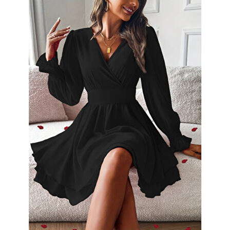 Lucky Life Kadın Uzun Kollu Kruvaze Yakalı Mini Sandy Elbise