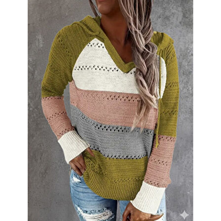 Lucky Life Kadın Uzun Kollu V Yakalı Bağcıklı Kapşonlu Triko Bluz