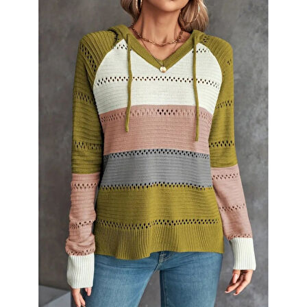 Lucky Life Kadın Uzun Kollu V Yakalı Bağcıklı Kapşonlu Triko Bluz