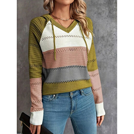 Lucky Life Kadın Uzun Kollu V Yakalı Bağcıklı Kapşonlu Triko Bluz