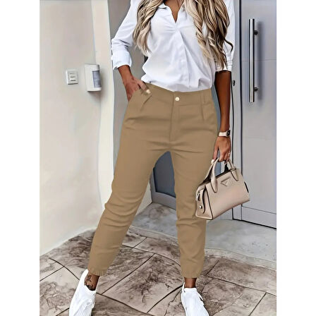 Lucky Life Kadın Yüksek Bel önden Düğmeli Cepli Bilek Lastik Detay Atlas Pantolon