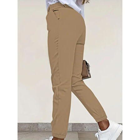 Lucky Life Kadın Yüksek Bel önden Düğmeli Cepli Bilek Lastik Detay Atlas Pantolon