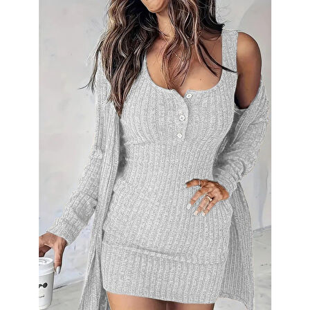 Lucky Life Kadın Askılı Yuvarlak Yakalı önü Düğmeli şardonlu Kaşkorse Mini Elbise Ve Kısa Ceket