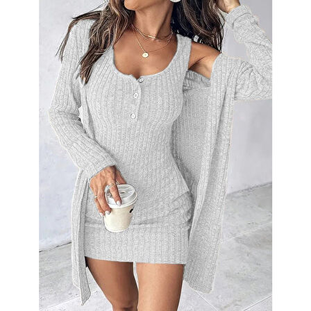 Lucky Life Kadın Askılı Yuvarlak Yakalı önü Düğmeli şardonlu Kaşkorse Mini Elbise Ve Kısa Ceket