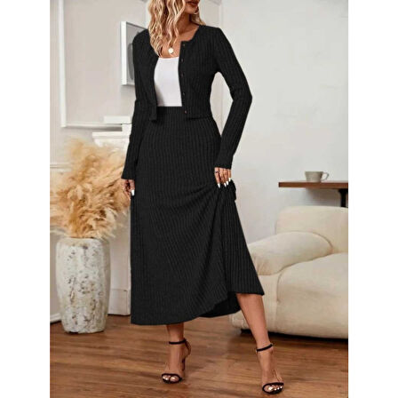 Lucky Life Kadın Uzun Kollu önden Düğmeli Bluz Ve Yüksek Bel A Kesim Uzun Etek şardonlu Kaşkorse Ikili Takım