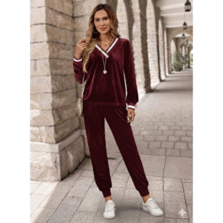 Lucky Life Kadın Uzun Kollu V Yaka Kadife Bluz Ve Pantolon Ikili Takım