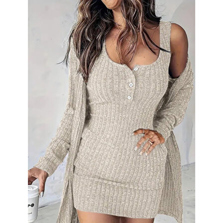 Lucky Life Kadın Askılı Yuvarlak Yakalı önü Düğmeli şardonlu Kaşkorse Mini Elbise Ve Kısa Ceket