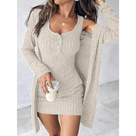 Lucky Life Kadın Askılı Yuvarlak Yakalı önü Düğmeli şardonlu Kaşkorse Mini Elbise Ve Kısa Ceket