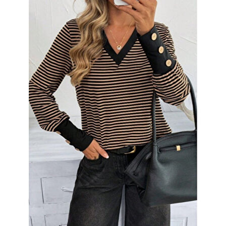 Lucky Life Kadın Uzun Kollu V Yakalı Desenli Süprem Bluz