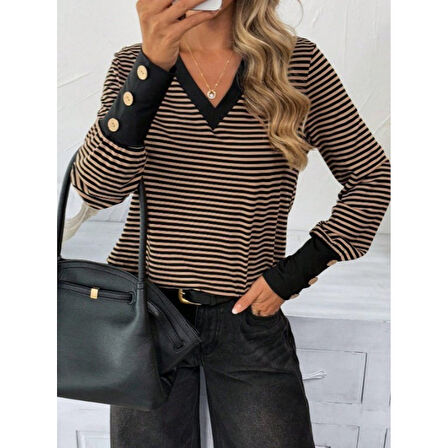 Lucky Life Kadın Uzun Kollu V Yakalı Desenli Süprem Bluz