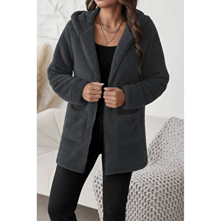 Lucky Life Kadın Uzun Kollu Kapşonlu önden Fermuarlı Cepli Welsoft Ceket
