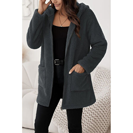 Lucky Life Kadın Uzun Kollu Kapşonlu önden Fermuarlı Cepli Welsoft Ceket