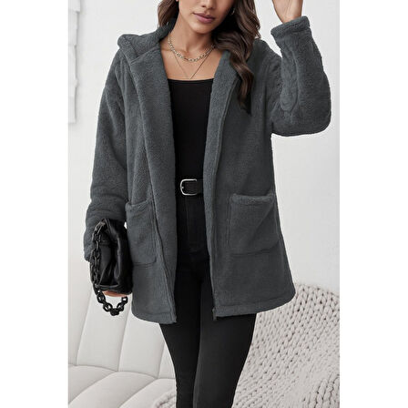 Lucky Life Kadın Uzun Kollu Kapşonlu önden Fermuarlı Cepli Welsoft Ceket