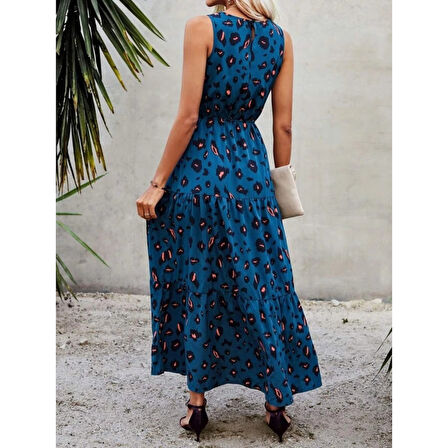 Lucky Life Kadın Kolsuz Bisiklet Yaka Beli Lastikli Desenli Süprem Elbise