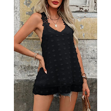 Lucky Life Kadın Dantel Askılı V Yakalı Sırtı çapraz Detaylı Ponpon Bluz