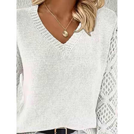 Lucky Life Lucky Life Kadın Uzun Kollu V Yaka Kol Delikli Baklava Desen Detaylı Triko Kazak