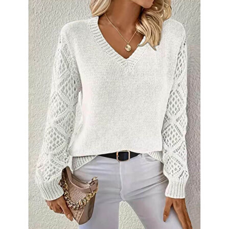 Lucky Life Lucky Life Kadın Uzun Kollu V Yaka Kol Delikli Baklava Desen Detaylı Triko Kazak