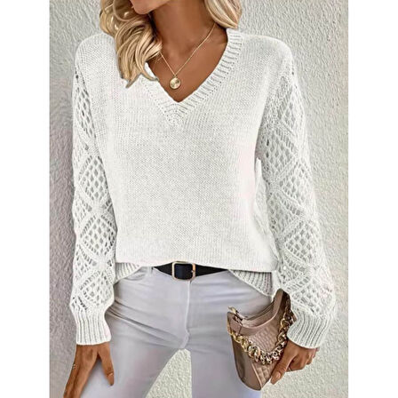 Lucky Life Lucky Life Kadın Uzun Kollu V Yaka Kol Delikli Baklava Desen Detaylı Triko Kazak