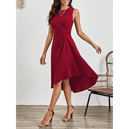 Lucky Life Kadın Sıfır Kollu Bisiklet Yaka Büzgülü Asimetrik Kesim Detaylı Janjan Krep Elbise