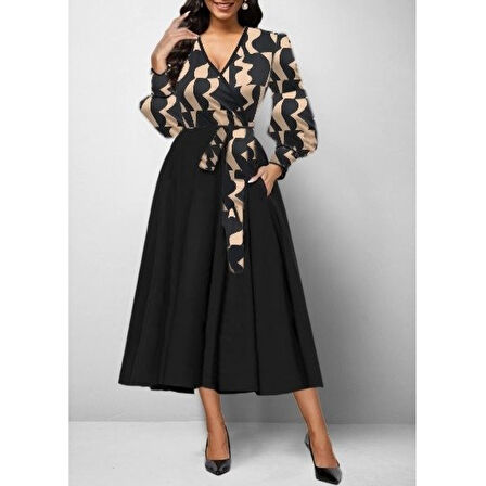 Lucky Life Kadın Uzun Kollu Kruvaze Yaka Dalgıç Krep Midi Boy Elbise