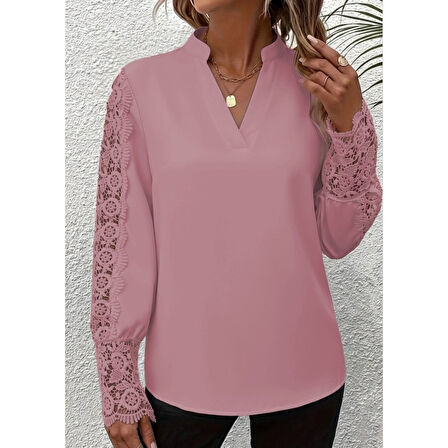 Lucky Life Kadın Uzun Kollu Hakim Yaka Kolları Dantel Detaylı Ithal Krep Bluz