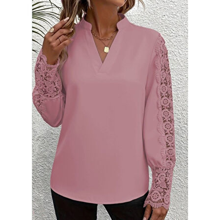 Lucky Life Kadın Uzun Kollu Hakim Yaka Kolları Dantel Detaylı Ithal Krep Bluz