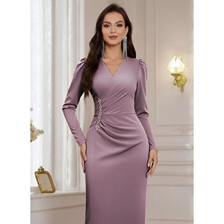 Lucky Life Kadın Uzun Kollu Kruvaze Yakalı Yanları Taşlı Yırtmaçlı Uzun Ithal Krep Elbise