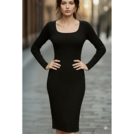 Lucky Life Lucky Life Kadın Uzun Kollu Kare Yakalı Midi şardonlu Kaşkorse Elbise