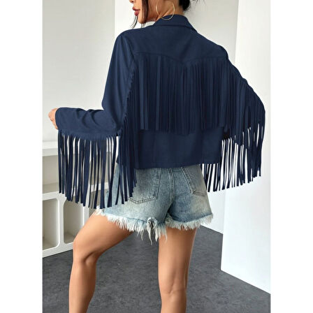 Lucky Life Kadın Uzun Kollu Yakalı Kısa Püsküllü Süet Ceket