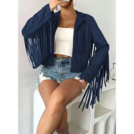 Lucky Life Kadın Uzun Kollu Yakalı Kısa Püsküllü Süet Ceket