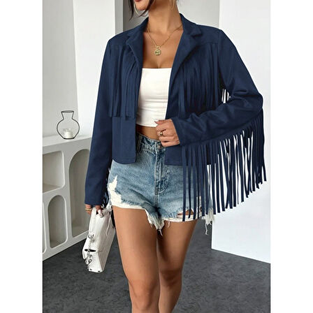 Lucky Life Kadın Uzun Kollu Yakalı Kısa Püsküllü Süet Ceket