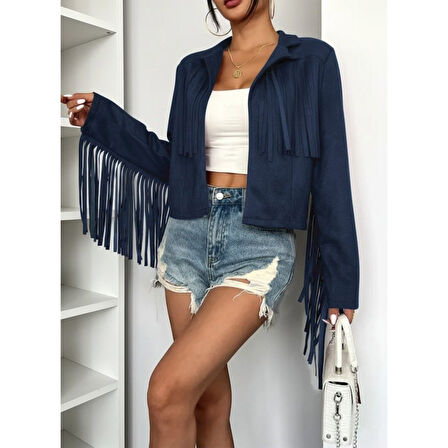 Lucky Life Kadın Uzun Kollu Yakalı Kısa Püsküllü Süet Ceket