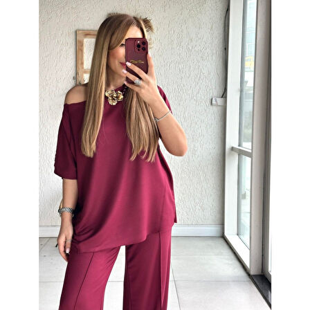 Lucky Life Kadın Tek Omuzdan Açık Geniş Kesim Viskon Iki Iplik Bluz Ve Pantolon Ikili Takım