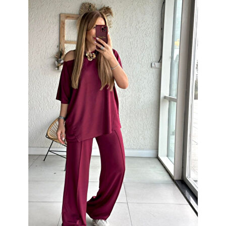 Lucky Life Kadın Tek Omuzdan Açık Geniş Kesim Viskon Iki Iplik Bluz Ve Pantolon Ikili Takım