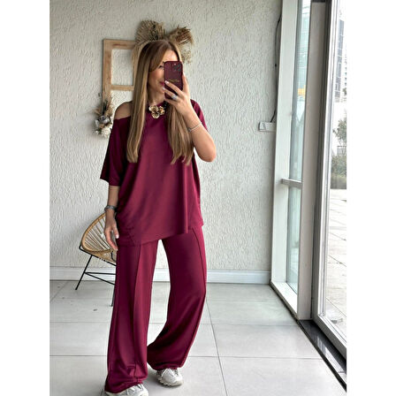 Lucky Life Kadın Tek Omuzdan Açık Geniş Kesim Viskon Iki Iplik Bluz Ve Pantolon Ikili Takım