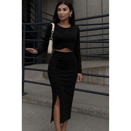 Lucky Life Kadın Uzun Kollu Bisiklet Yaka Kısa Krop Dalgıç Bluz Ile önden Yırtmaçlı Uzun Etek Ikili Takım