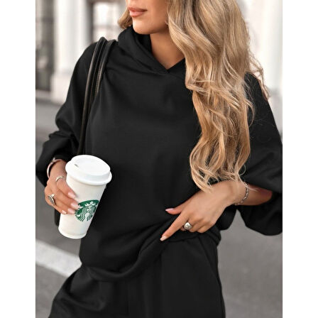 Lucky Life Kadın Uzun Kollu Kapşonlu Viskon Iki Iplik Bluz Ve Pantolon Ikili Takım