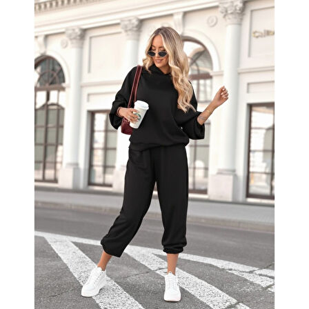 Lucky Life Kadın Uzun Kollu Kapşonlu Viskon Iki Iplik Bluz Ve Pantolon Ikili Takım