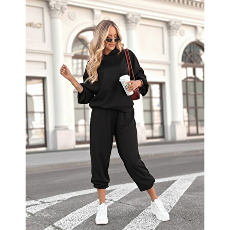 Lucky Life Kadın Uzun Kollu Kapşonlu Viskon Iki Iplik Bluz Ve Pantolon Ikili Takım