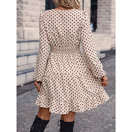 Lucky Life Kadın Uzun Kollu Kruvaze Yaka Desenli Mini Modal Elbise