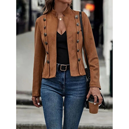 Lucky Life Kadın Uzun Kollu Hakim Yaka Yanlardan Düğmeli Kısa Süet Ceket