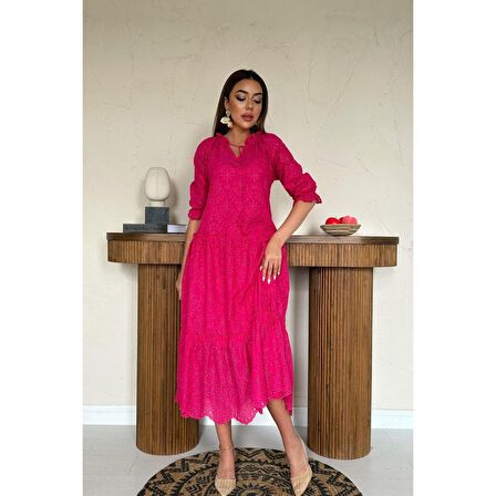 Lucky Life Fuşya Dantelli New Elbise