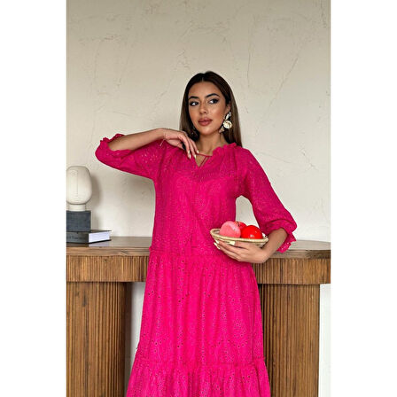 Lucky Life Fuşya Dantelli New Elbise