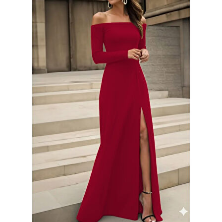 Lucky Life Lucky Life Kadın Uzun Kollu Madonna Yakalı Yırtmaç Detaylı Uzun Ithal Krep Elbise